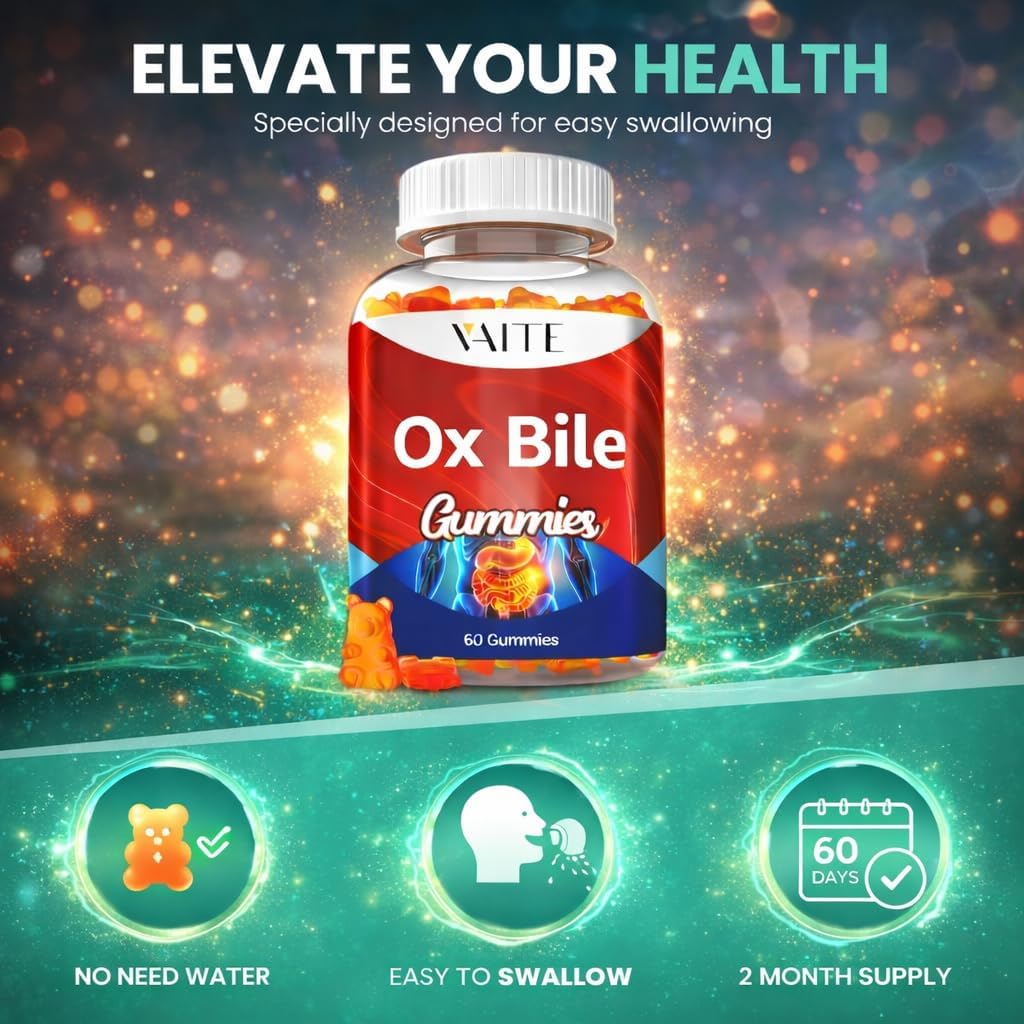 VAITE Gominolas de Bilis de Buey – 500mg Apoyo Digestivo para la Vesícula y Salud Intestinal – Sin OGM, Sin Azúcar, Sin Gluten – 60 Gomitas Masticables