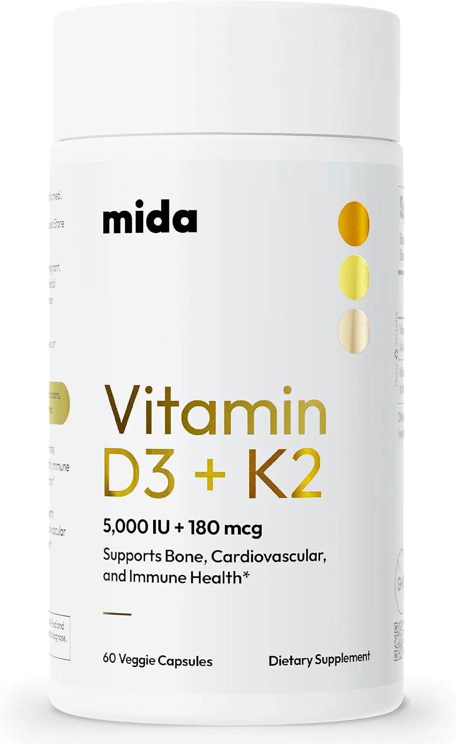 Vitamina D3 K2 5000 UI con MK7 (180 mcg) - Suplemento Natural para Huesos, Corazón e Inmunidad - Cápsulas Veganas - 60 Cápsulas