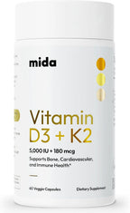 Vitamina D3 K2 5000 UI con MK7 (180 mcg) - Suplemento Natural para Huesos, Corazón e Inmunidad - Cápsulas Veganas - 60 Cápsulas