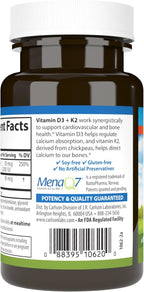 Carlson Vitamina D3 + K2, 50 mcg (2000 UI) Vitamina D3 y 90 mcg Vitamina K2 como MK-7, Soporte Óseo, Absorción de Calcio, 120 Cápsulas