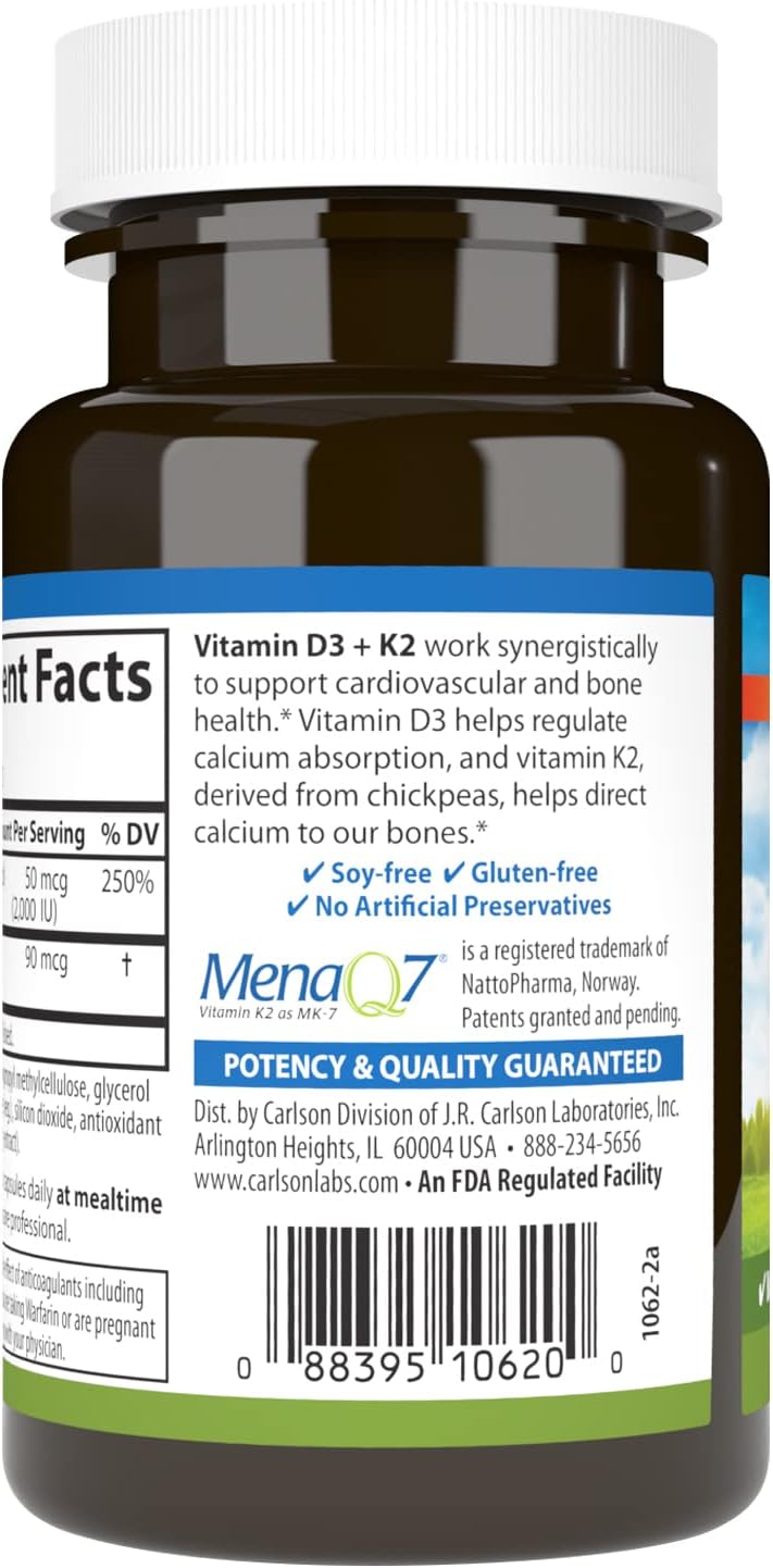 Carlson Vitamina D3 + K2, 50 mcg (2000 UI) Vitamina D3 y 90 mcg Vitamina K2 como MK-7, Soporte Óseo, Absorción de Calcio, 120 Cápsulas