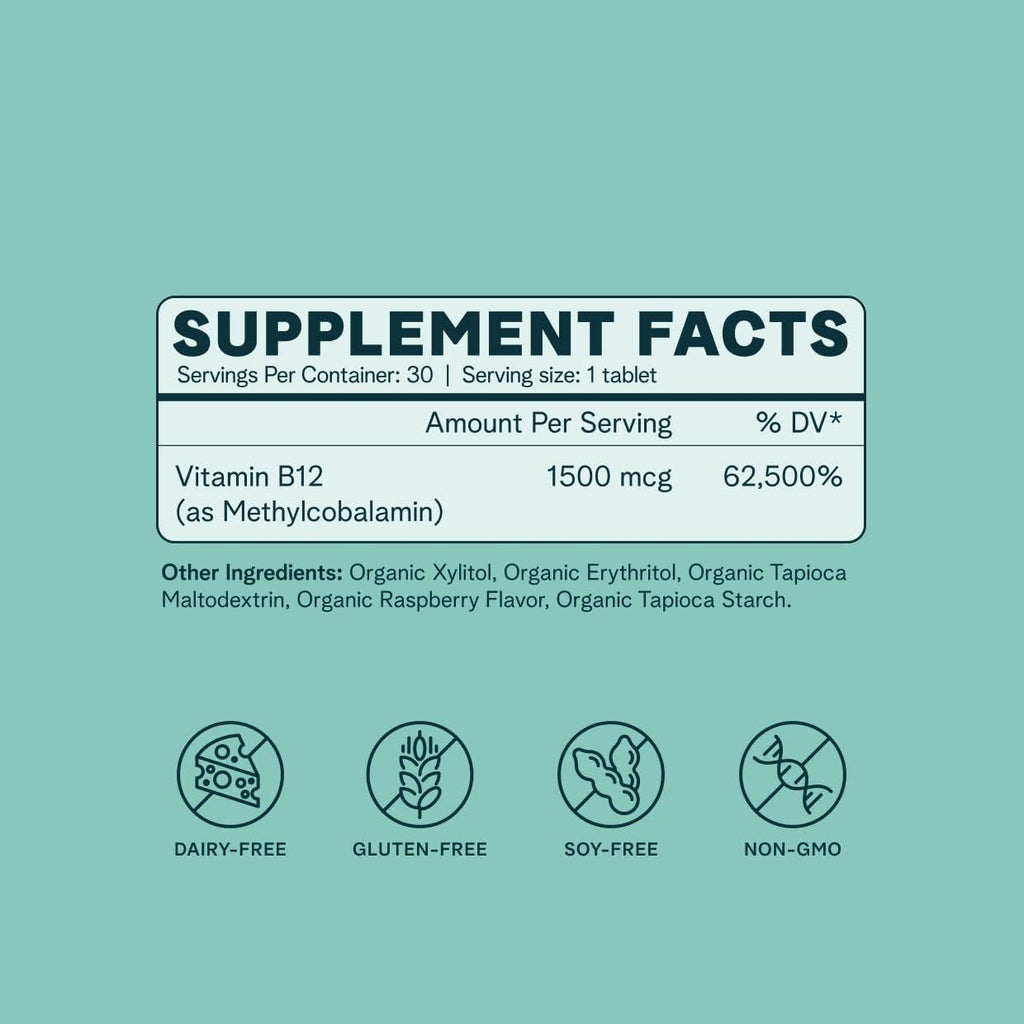 Ora Organic Vitamina B12 1500mcg - Metilcobalamina Vegetal - 30 Comprimidos Masticables Sabor Frambuesa