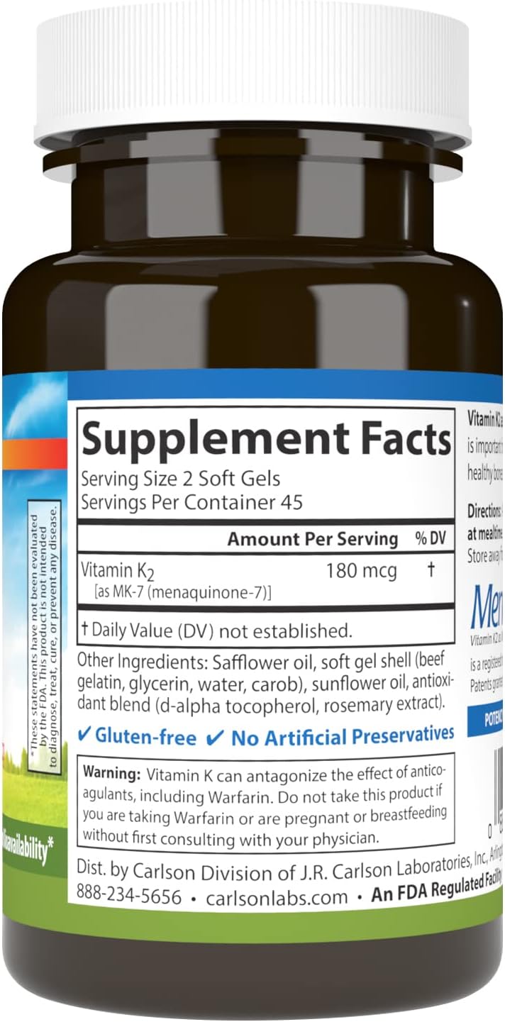 Carlson – Vitamina K2 MK-7 (Menaquinona), 180 mcg, 90 Softgels