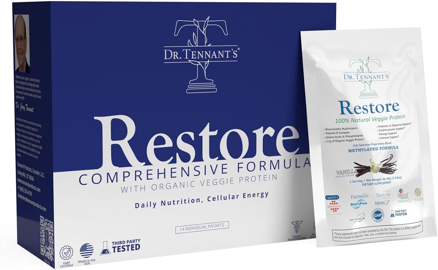 Dr. Tennant's Restore Batido de Vainilla - Más de 50 Vitaminas y Minerales Metilados, 23g Proteína Vegana, Orgánico, Sin Gluten - 14 Días