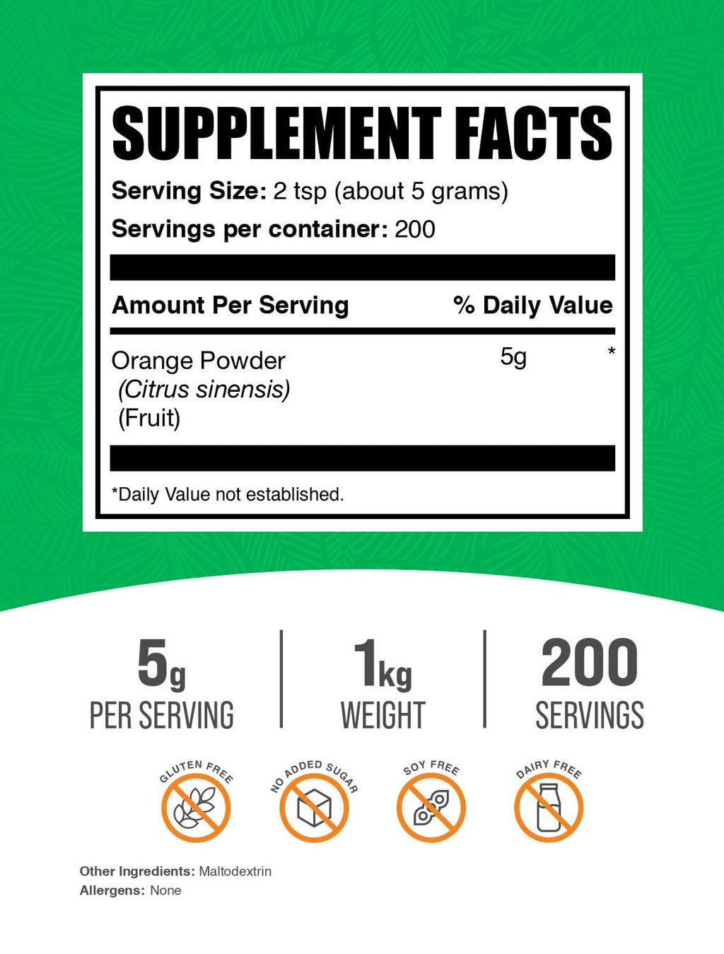 BulkSupplements.com Polvo de Naranja - Polvo de Fruta de Naranja, Rico en Nutrientes, Sin Gluten, 5g por Porción, 1 kg