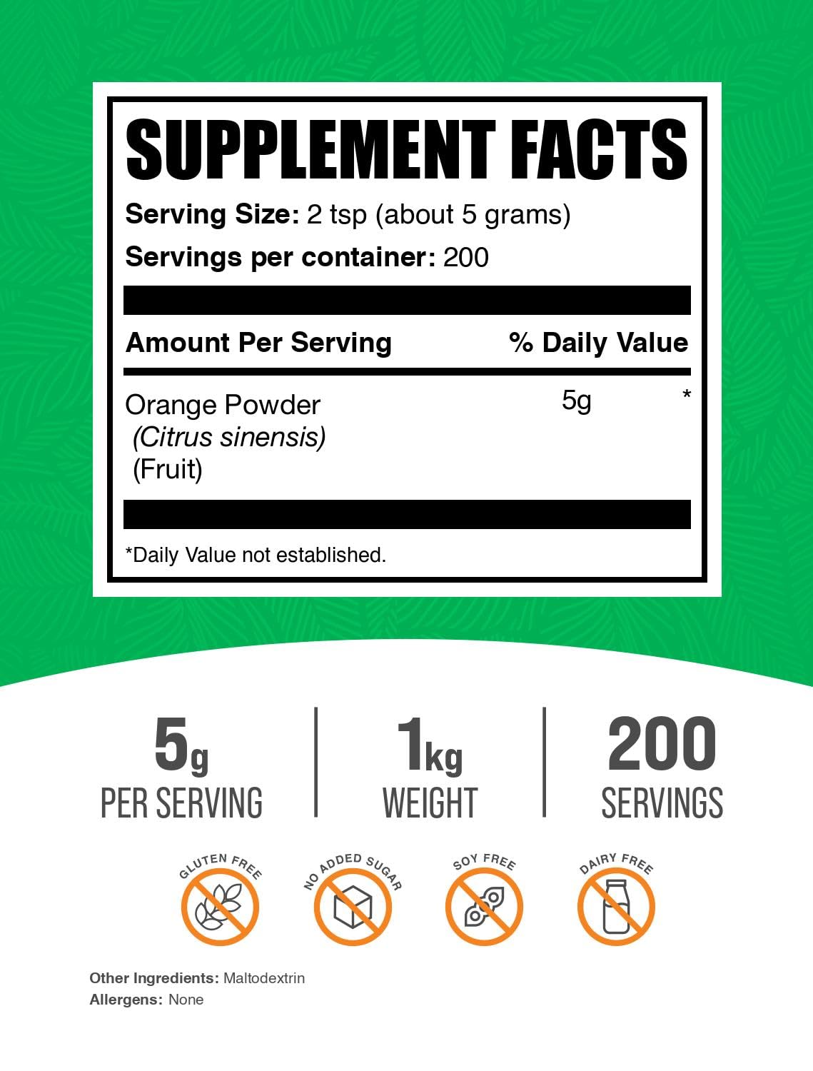 BulkSupplements.com Polvo de Naranja - Polvo de Fruta de Naranja, Rico en Nutrientes, Sin Gluten, 5g por Porción, 1 kg