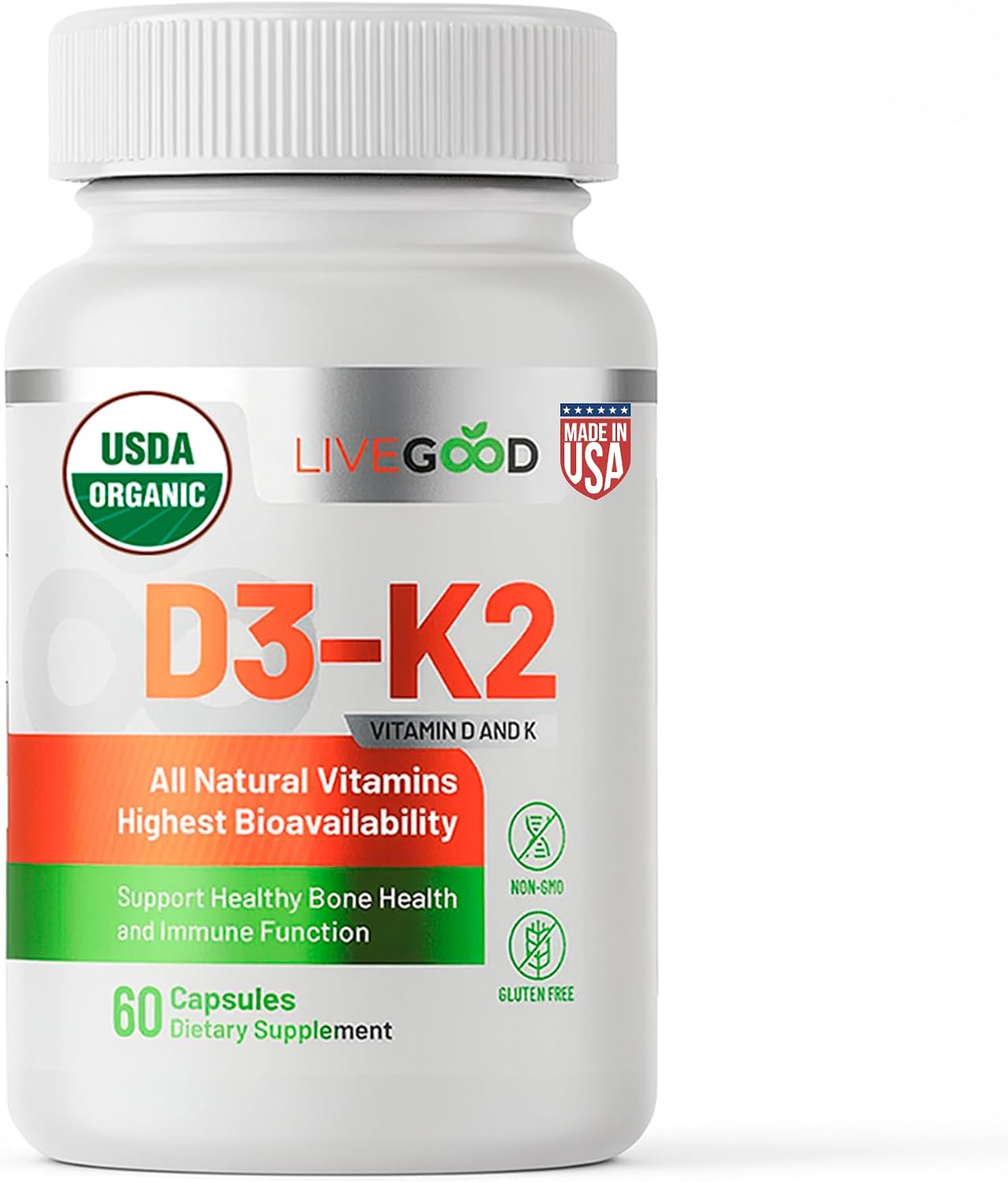 LIVEGOOD Vitamina D3 y K2 Orgánica 2000 UI con MK-7 - Cápsulas Veganas (60 uds)