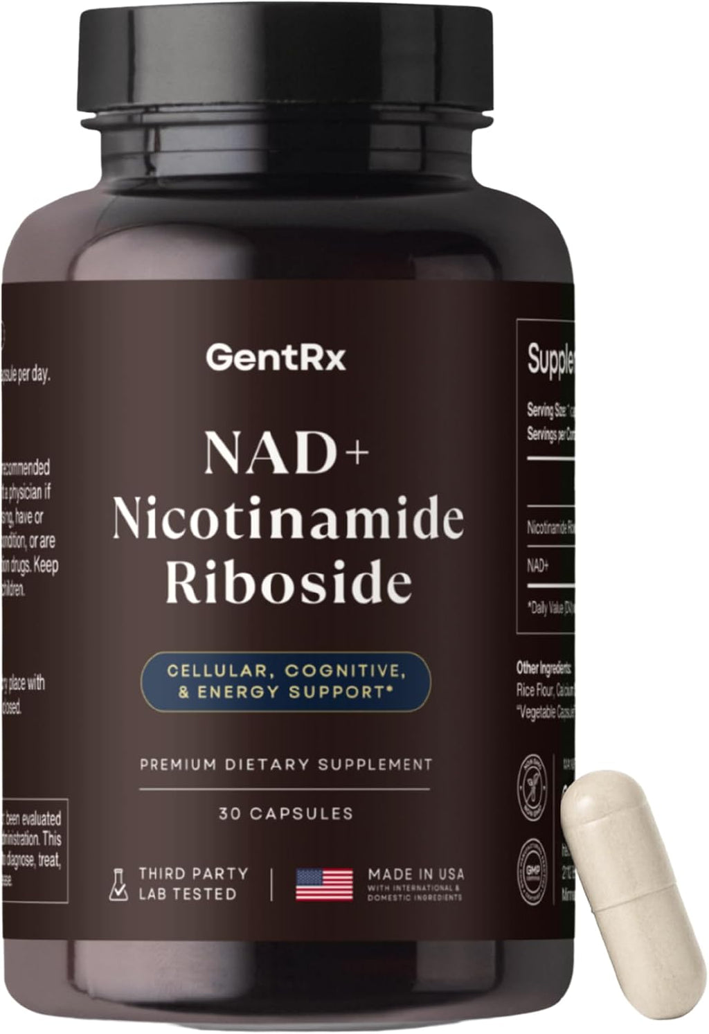 GentRx Suplemento NAD+ y NR - Nicotinamida Ribósido para Energía Celular y Apoyo Antienvejecimiento, 30 Cápsulas