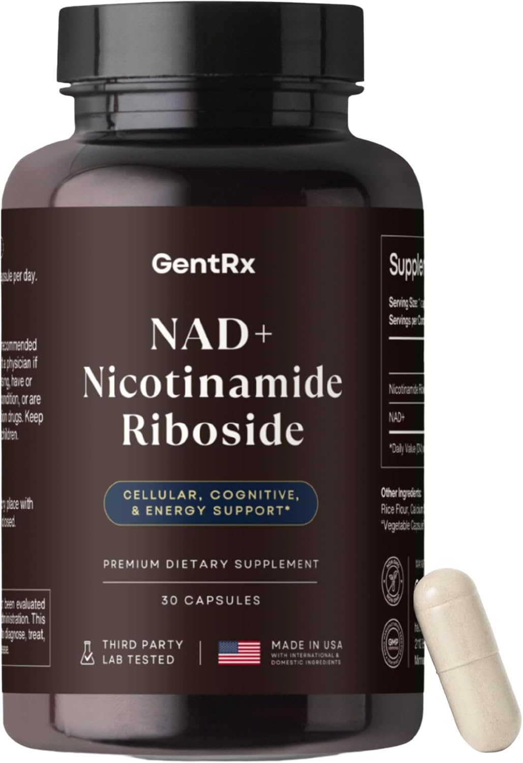 GentRx Suplemento NAD+ y NR - Nicotinamida Ribósido para Energía Celular y Apoyo Antienvejecimiento, 30 Cápsulas