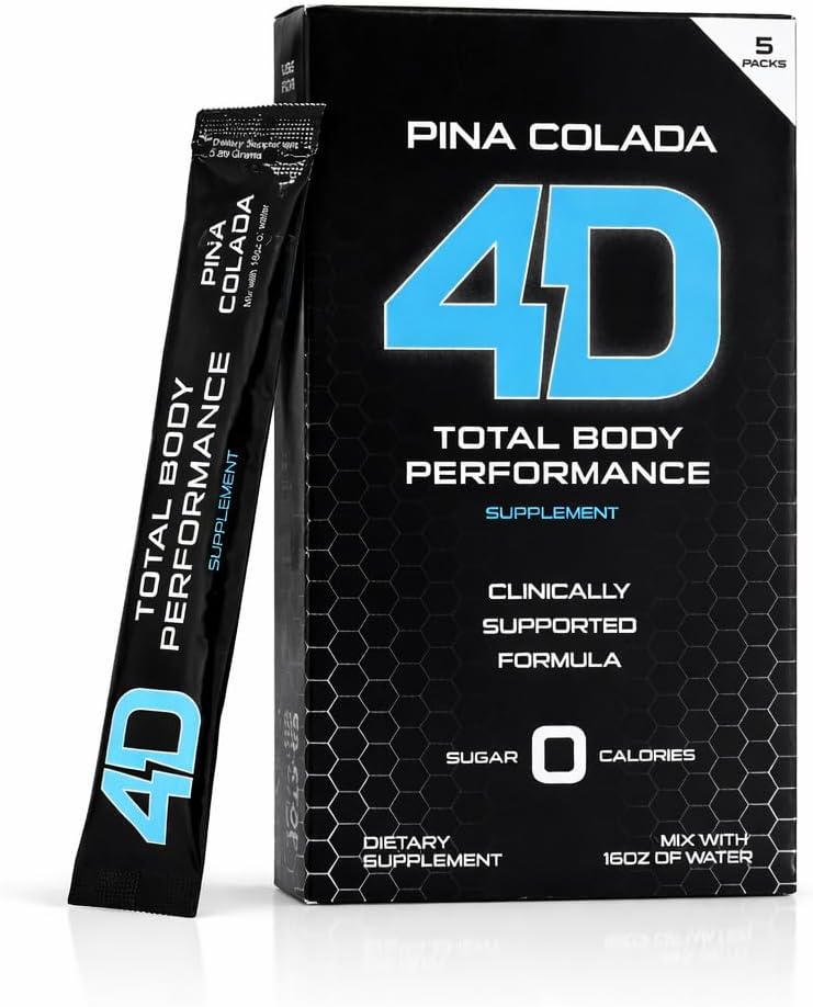4D Tropical Punch - 25 sobres de vitaminas y energía en polvo - Cero calorías y azúcares - Sin gluten, Non-GMO, Keto y Vegano