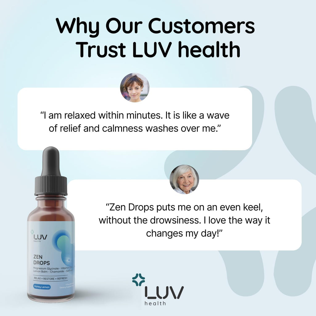 LUV Zen Drops Gotas de apoyo para el estrés con magnesio glicinato, vitamina D3, melisa, manzanilla, azafrán y L-teanina. Vegano, sin gluten, 30 dosis