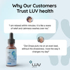 LUV Zen Drops Gotas de apoyo para el estrés con magnesio glicinato, vitamina D3, melisa, manzanilla, azafrán y L-teanina. Vegano, sin gluten, 30 dosis