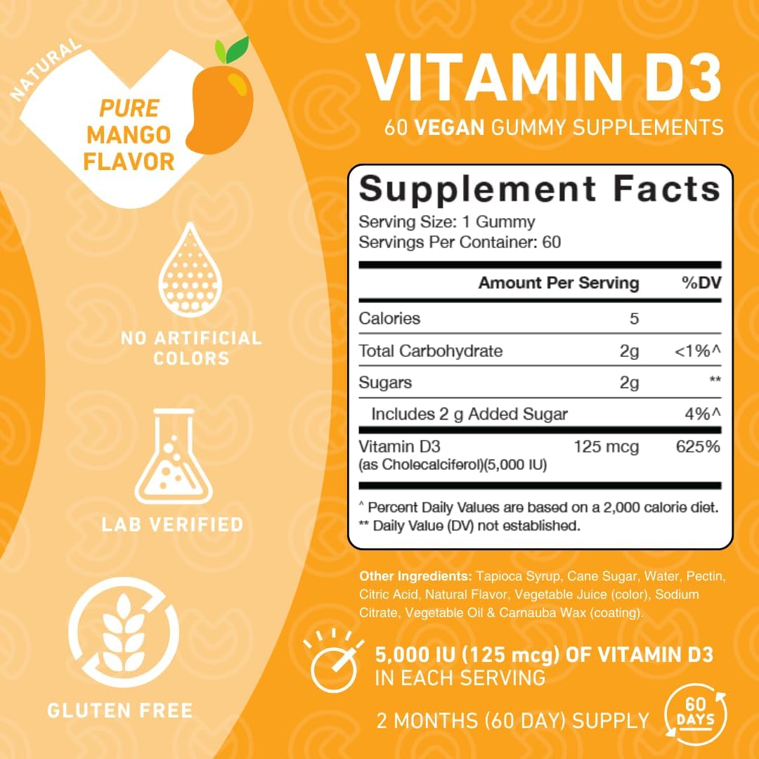 PUREFINITY Vitamina D3 5000 UI Gummies - Suplemento de vitamina D para la salud ósea e inmunitaria