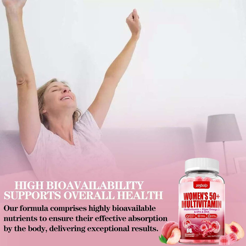 ZEGBALP Multivitamínico para Mujeres 50+ sin Azúcar - Gominolas con 24 Vitaminas y Minerales, Omega-3, DHA, EPA, Luteína