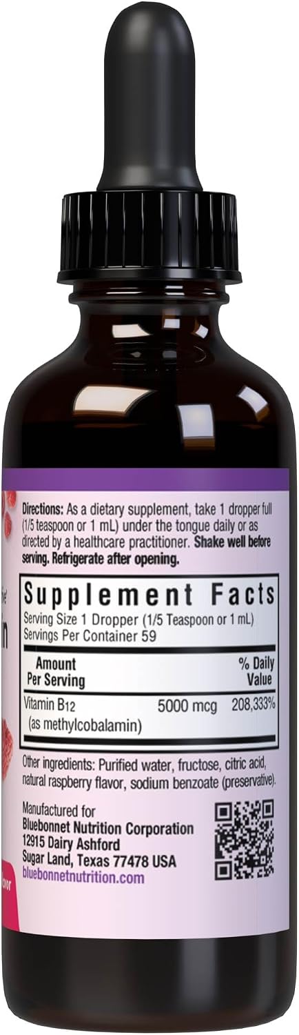 Bluebonnet Methylcobalamin Vitamin B12 5000 mcg Liquid Drops - Raspberry Flavor - 2 fl oz (59 ml)