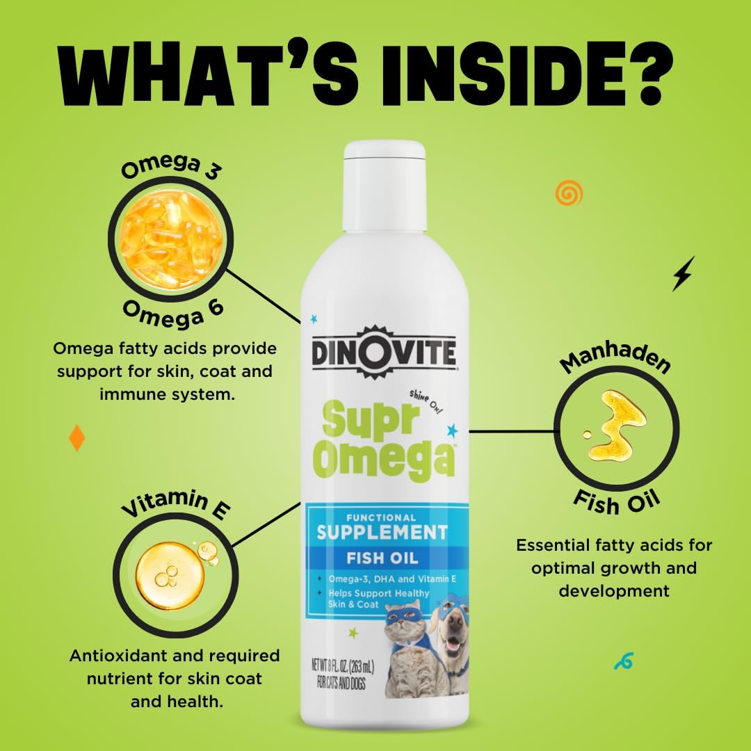 Dinovite SuprOmega Aceite de Pescado para Perros y Gatos - Vitamina E y Omega 3 - Salud de Piel y Pelaje - 227 g (8 oz)