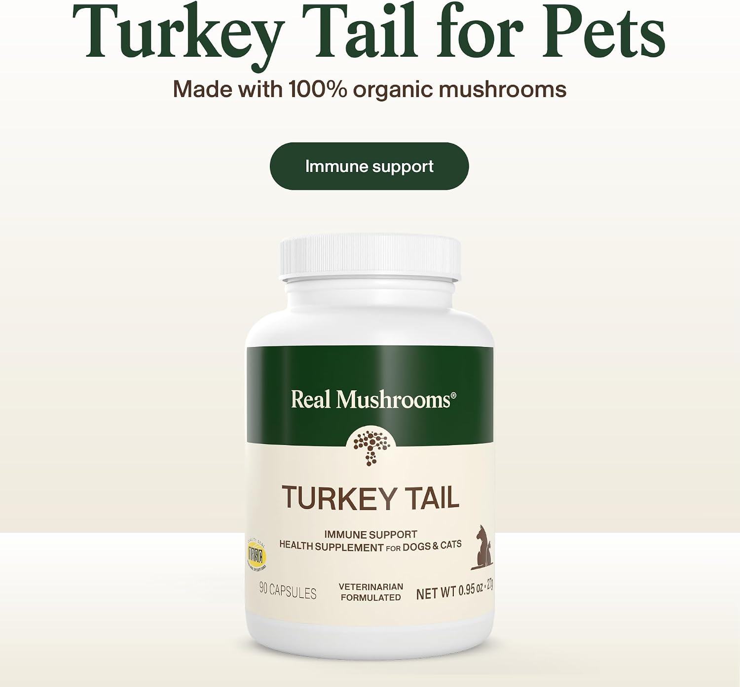 Real Mushrooms Turkey Tail para Mascotas – Suplemento Orgánico para Perros y Gatos – 90 Cápsulas
