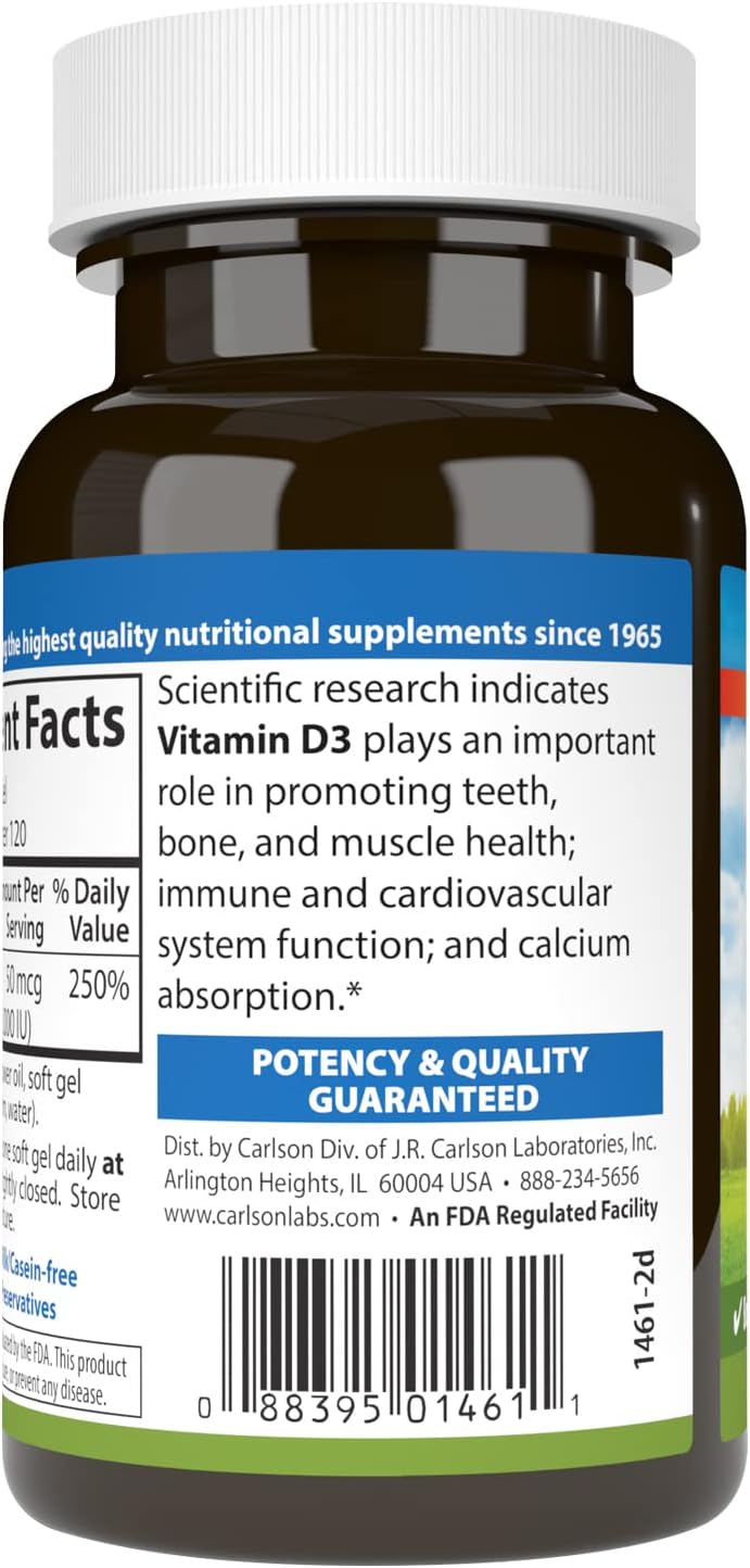 Carlson Vitamina D3 2000 UI (50 mcg) - 120 Cápsulas Blandas