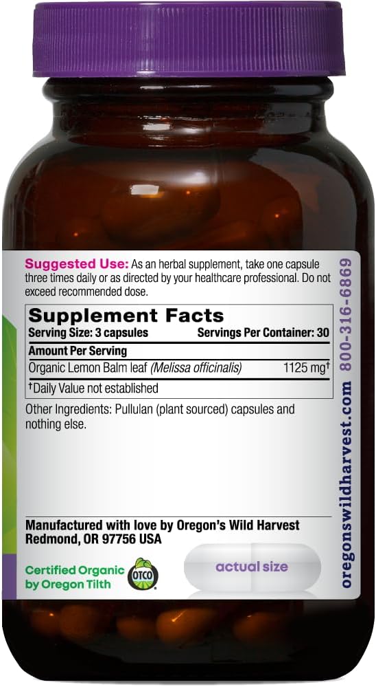 Oregon's Wild Harvest Melisa Ecológica, 1125 mg, 90 Cápsulas Veganas