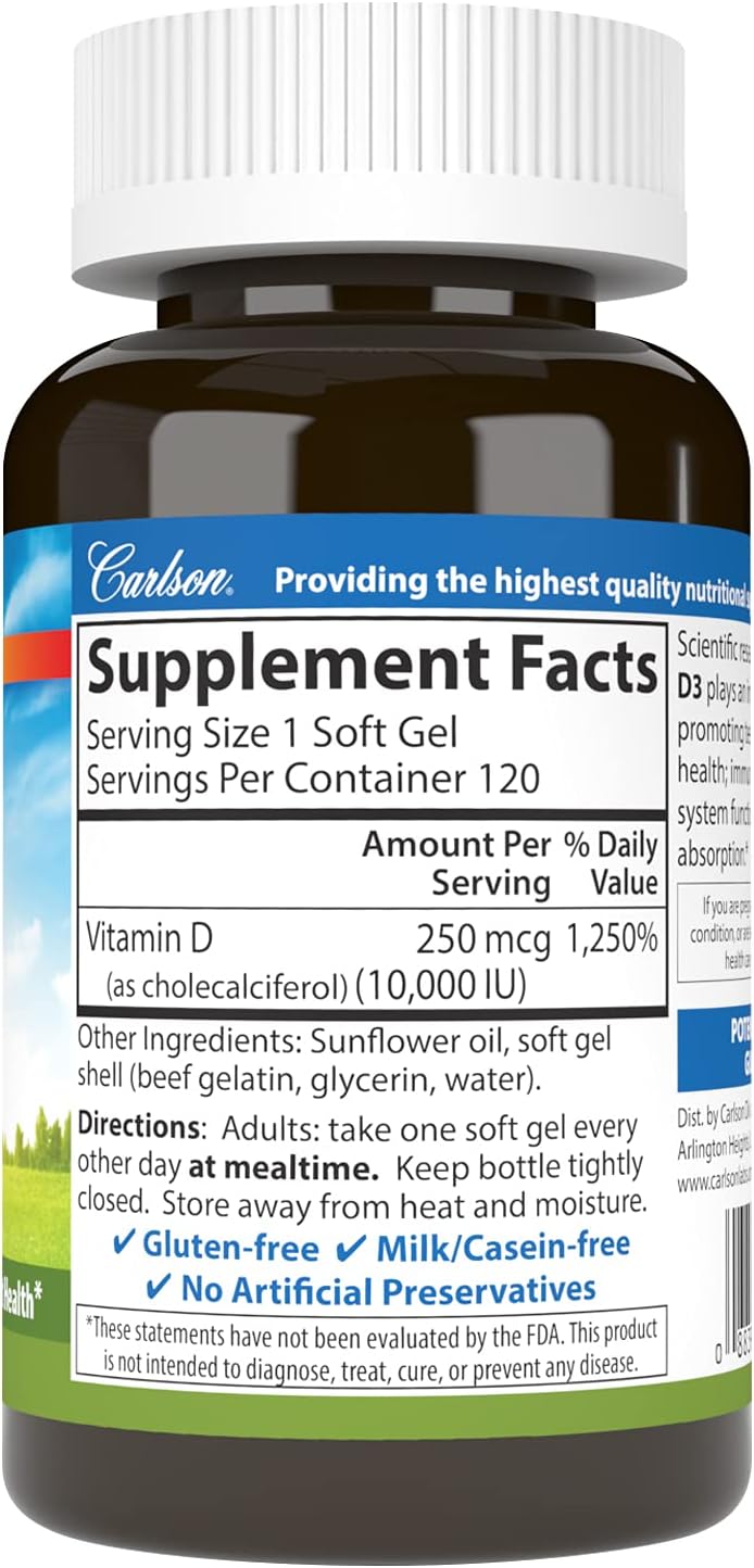 Carlson - Vitamina D3 10000 UI (250 mcg), 120 Cápsulas Blandas