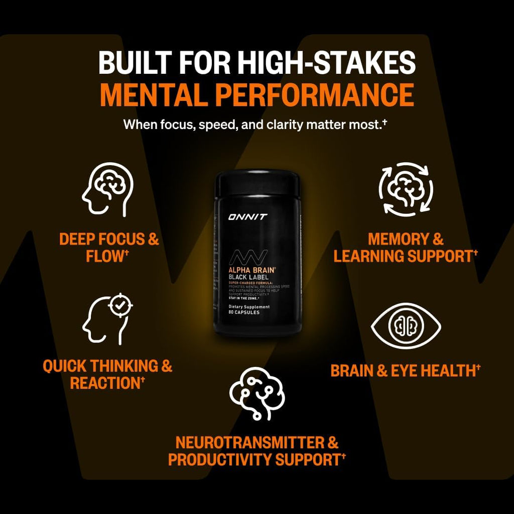ONNIT Alpha Brain Black Label Cápsulas, Suplemento Cognitivo con Citicolina, Melena de León y Luteína, 80 Unidades