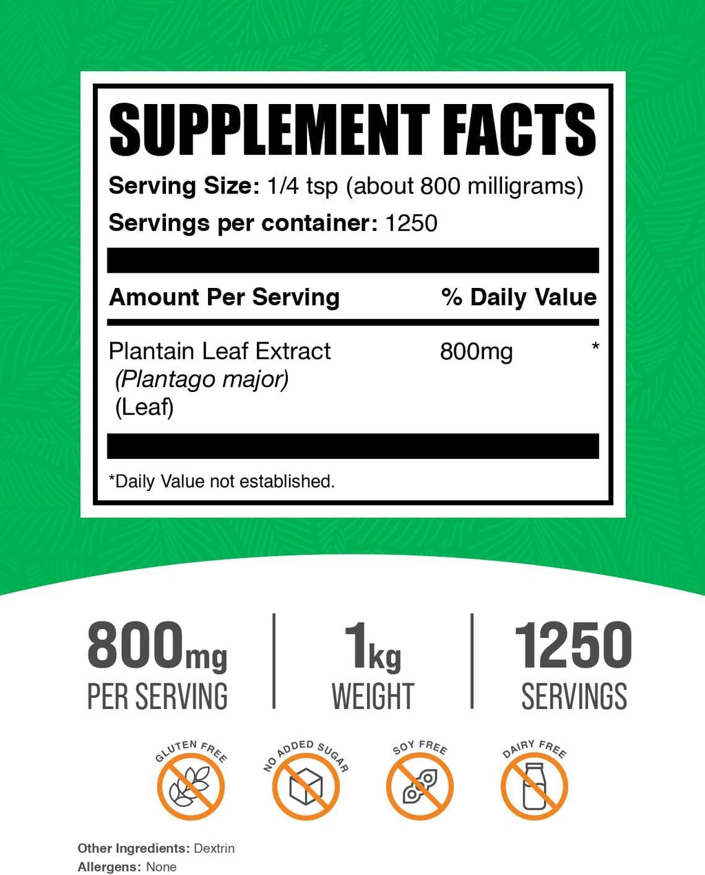 BulkSupplements Extracto de Hoja de Llantén en Polvo – 800 mg por Ración, 1 kg