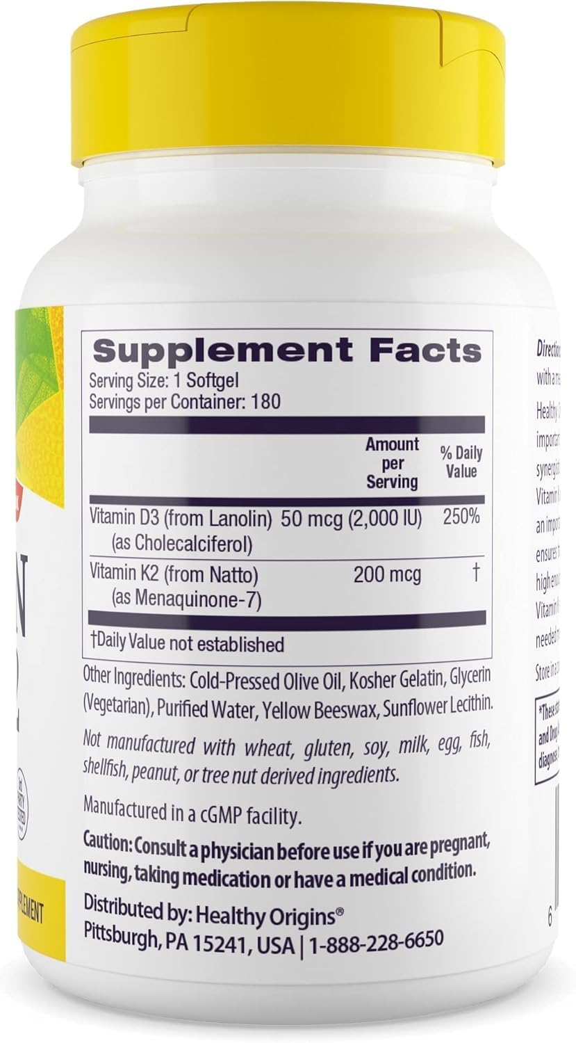 Healthy Origins Vitamina D3 2.000 UI (50 mcg) y Vitamina K2 200 mcg (MK-7), 180 Cápsulas Blandas