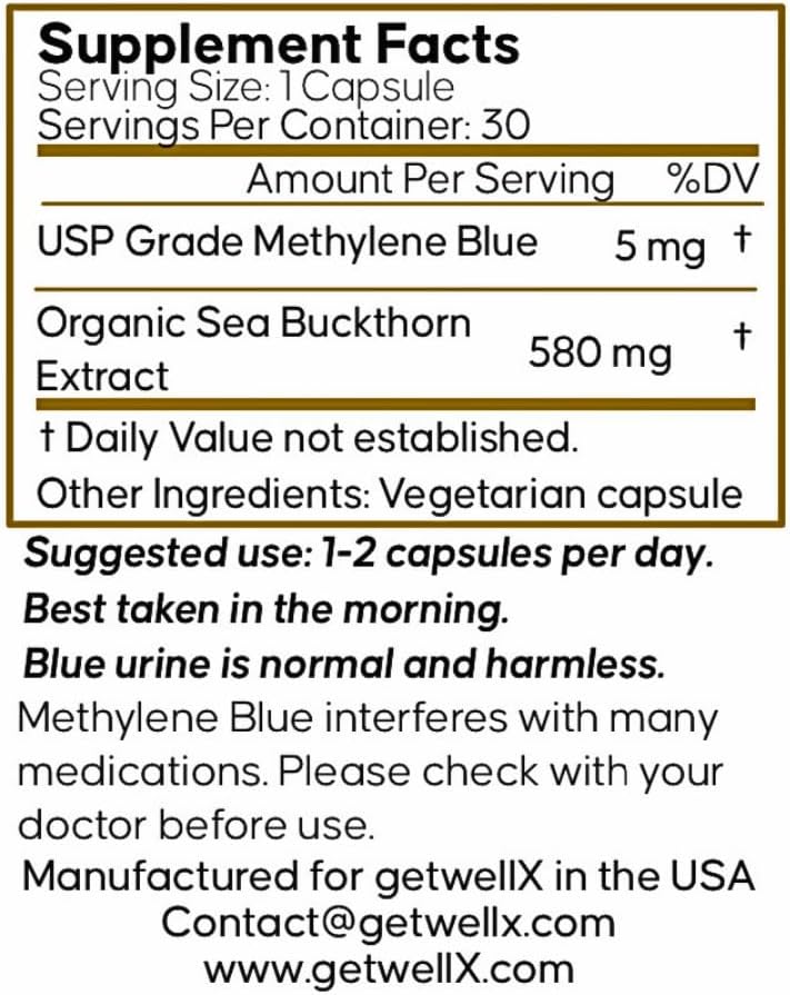 Pure Powdered Methylene Blue Capsules con Espino Amarillo Orgánico - 30 Cápsulas