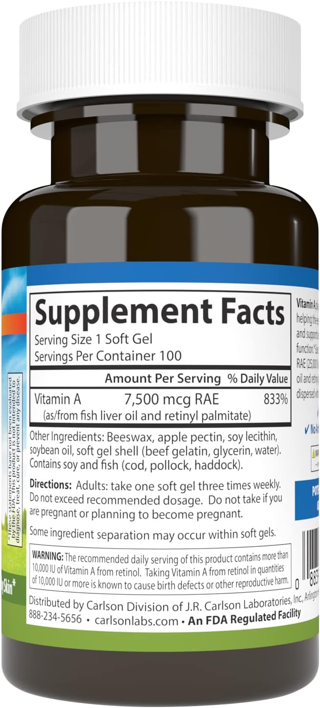 Carlson Labs Vitamin A with Pectin, 25000 IU, 100 Softgels