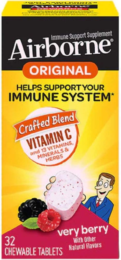 Airborne Very Berry Comprimidos Masticables de Vitamina C, 1000 mg - Pack de 4 (128 comprimidos)