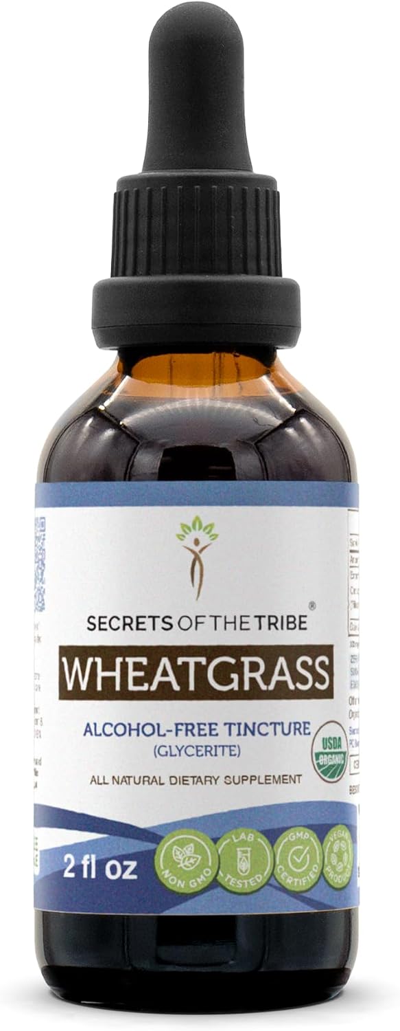 Secrets of the Tribe Wheatgrass USDA Organic - Extracto Sin Alcohol, Gotas Herbales de Alta Potencia - 100% Wheatgrass Orgánico Certificado (Triticum aestivum) Hoja Seca 60 ml