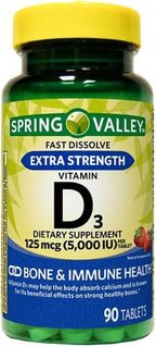 Spring Valley Extra Strength Vitamina D3 Comprimidos Sublinguales, 125 mcg (5000 IU), Sabor Fresa, 90 unidades
