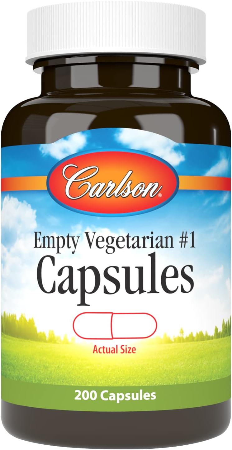 Cápsulas Vegetarianas Vacías Tamaño #1 - Fáciles de Separar y Llenar - con Tarro de Rosca - 200 Cápsulas - Carlson