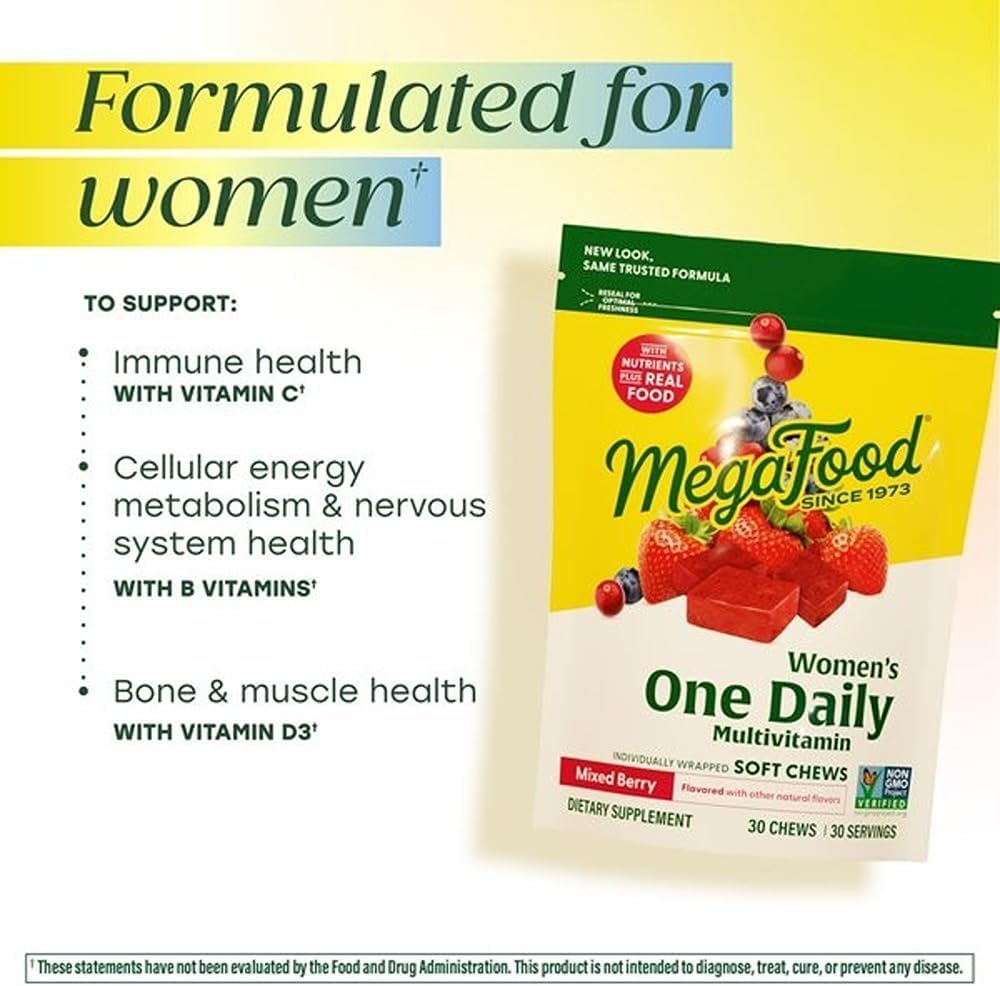 MegaFood Multivitamínico para Mujeres, 30 Comprimidos Masticables Sabor Bayas Mixtas