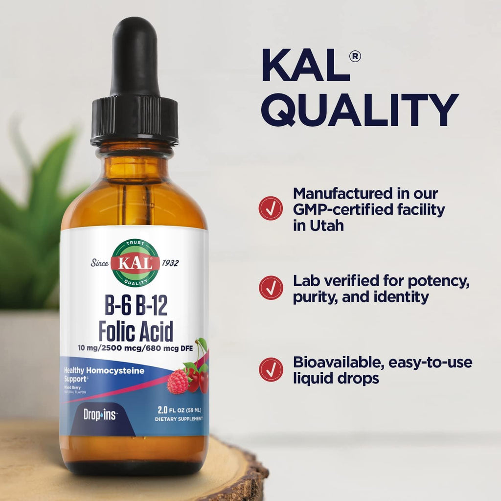 KAL Vitamin B-6 B-12 Folic Acid DropIns, Gotas Líquidas de Complejo B, 59 dosis, 2 oz