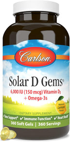 Carlson Solar D Gems - Vitamina D3 y Omega-3, 6000 IU (150 mcg) de D3 + 115 mg de EPA y DHA, 360 perlas blandas de sabor limón