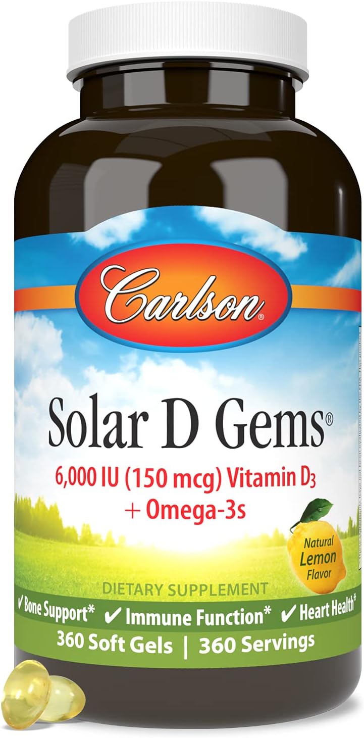 Carlson Solar D Gems - Vitamina D3 y Omega-3, 6000 IU (150 mcg) de D3 + 115 mg de EPA y DHA, 360 perlas blandas de sabor limón