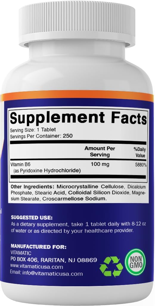 Vitamatic Vitamina B6 (Piridoxina HCl) 100 mg – 250 Comprimidos Vegetarianos – Apoyo Energético y Sistema Nervioso