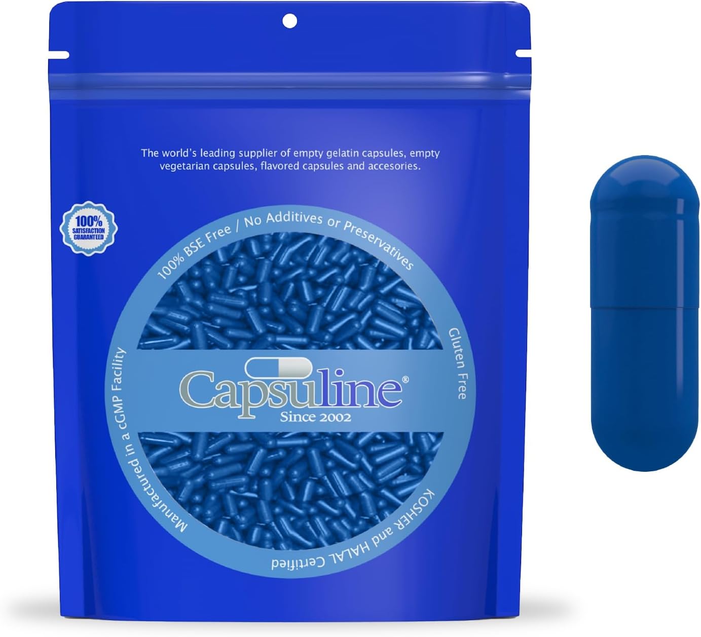 Capsuline Cápsulas de Gelatina Vacías Tamaño 0 con Tecnología Lock - Certificado Kosher - Gelatina Bovina Pura - Sin Gluten - 1000 uds, Azul/Azul