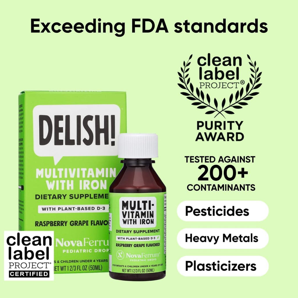 NovaFerrum Delish | Multivitamínico Vegano con Hierro para Bebés y Niños | Con Vitamina D3 Orgánica | Sin Gluten, Sin Azúcar | 50 ml