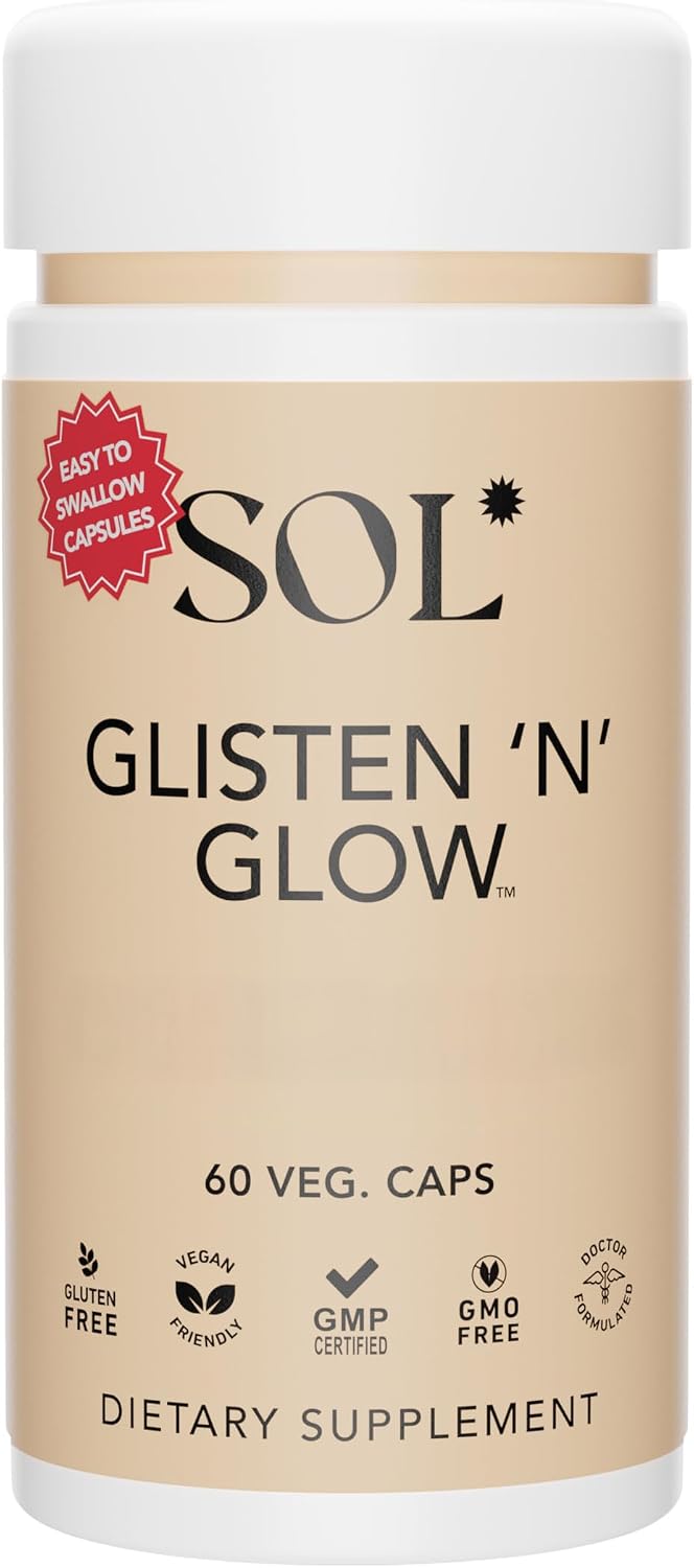 Sol Nutrition Glisten 'N' Glow: Suplemento de Vitaminas para la Piel con Biotina, Colágeno, Vitaminas A, B, C y E, 60 Cápsulas