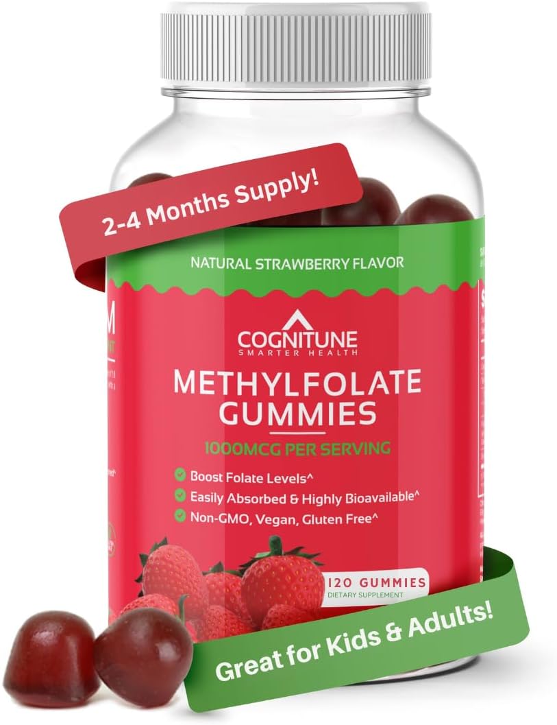 CogniTune Methylfolate Gummies para Niños y Adultos - L-Metilfolato 1000 mcg - Complemento de Folato Activo 5-MTHF - Apoyo MTHFR - Gomitas de Fresa - Sin OGM, Vegano - 60 Unidades