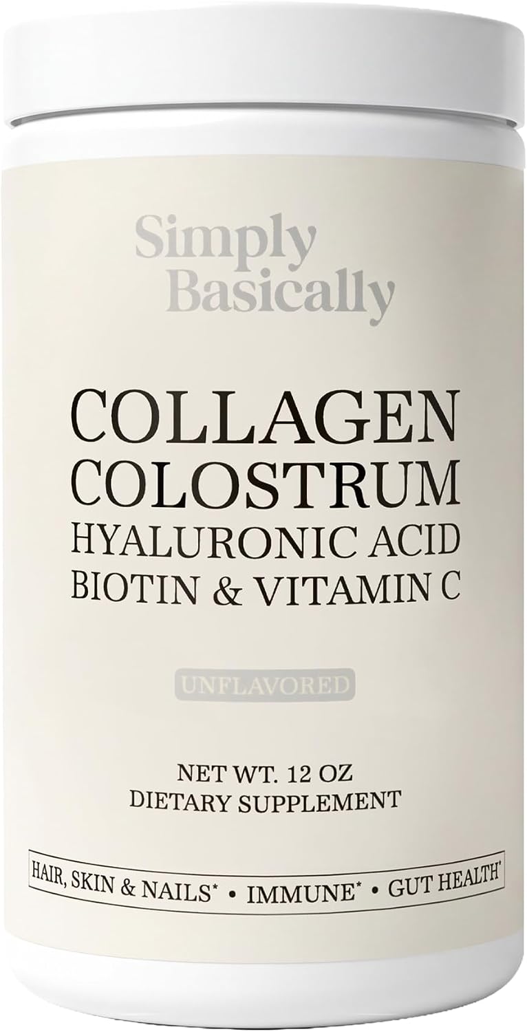 Simply Basically Colostro Bovino en Polvo + Péptidos de Colágeno | Para Cabello, Piel, Uñas, Salud Inmunitaria y Digestiva | Ácido Hialurónico, Biotina, Vitamina C | Sin Sabor 30 Porciones