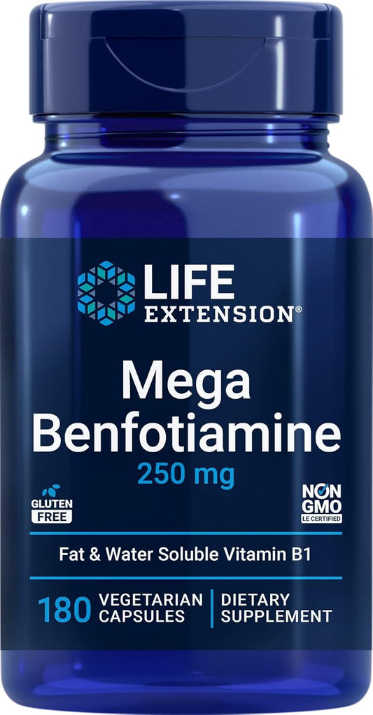 Life Extension Mega Benfotiamine, 250 mg, 180 Cápsulas Vegetales con Tiamina - Suplemento de Vitamina B1