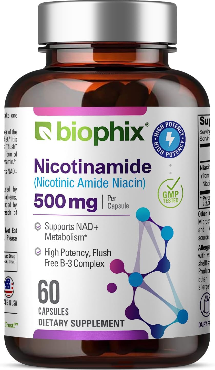 biophix B-3 Nicotinamida 500 mg 60 Cápsulas - Nicotinamida Pura Sin Enrojecimiento - Apoyo a la Salud de la Piel y Energía