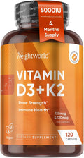 WeightWorld Vitamina D3 5000 UI + K2 MK-7 120 mcg - 120 Cápsulas