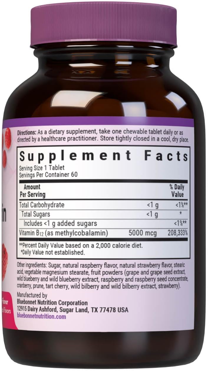 Bluebonnet Nutrition EarthSweet Methylcobalamin 5000 mcg - Vitamina B12 Activa - 60 Comprimidos Masticables Sabor Frambuesa