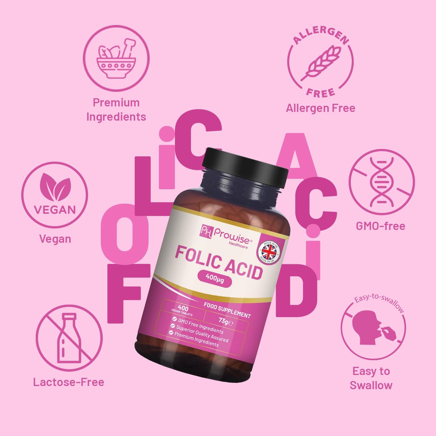 Ácido Fólico 400 mcg - 400 Comprimidos Veganos de Vitamina B9 | Cuidado del Embarazo | Hecho en Reino Unido – Prowise