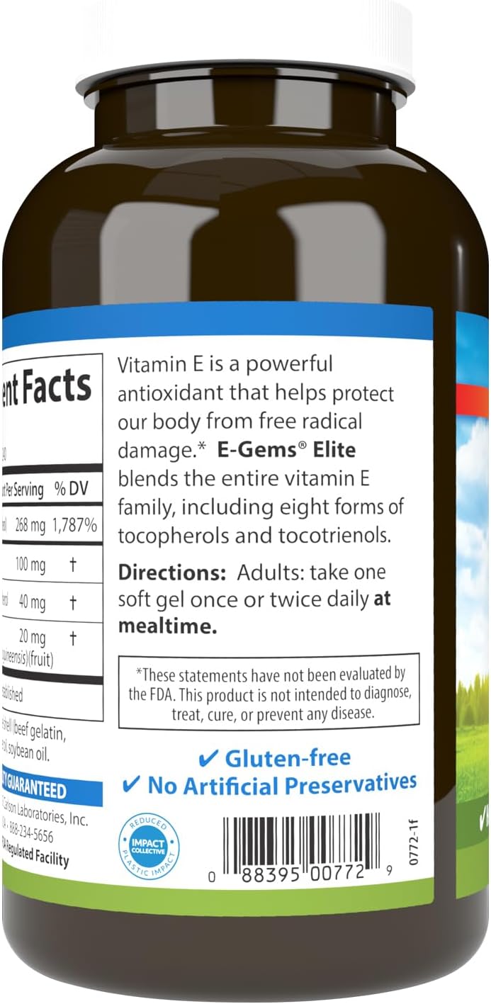 Carlson E-Gems Elite, 400 UI Vitamina E con Tocoferoles y Tocotrienoles, 240 Cápsulas Blandas