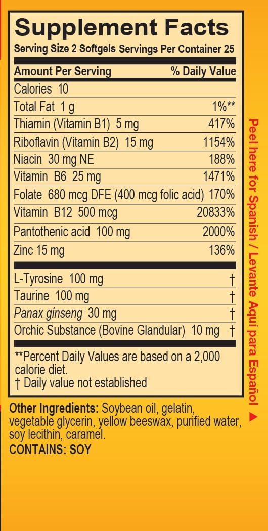 Super Macho Dietary Supplement with High-Potency Zinc and 7 B Vitamins, Preservative-Free, Sugar-Free, and Caffeine-Free, 50 Soft Capsules